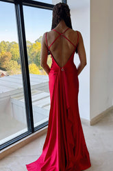 Red Prom Dress Mermaid Spaghetti Straps Long Corset Evening Dress With Slit
